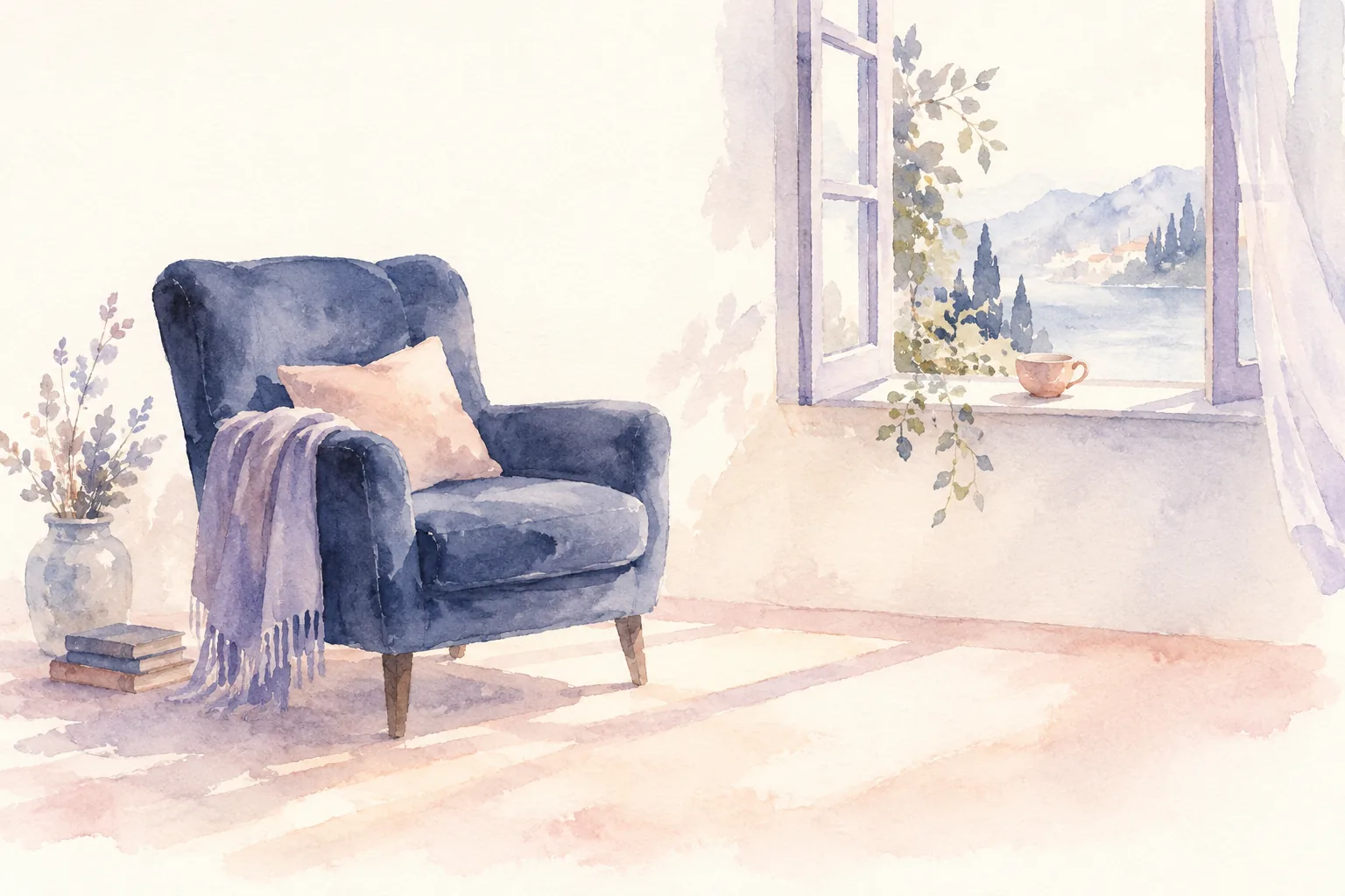 Aquarell: ein blauer Sessel mit Decke vor einem offenen Fenster, durch das helles Licht fällt.