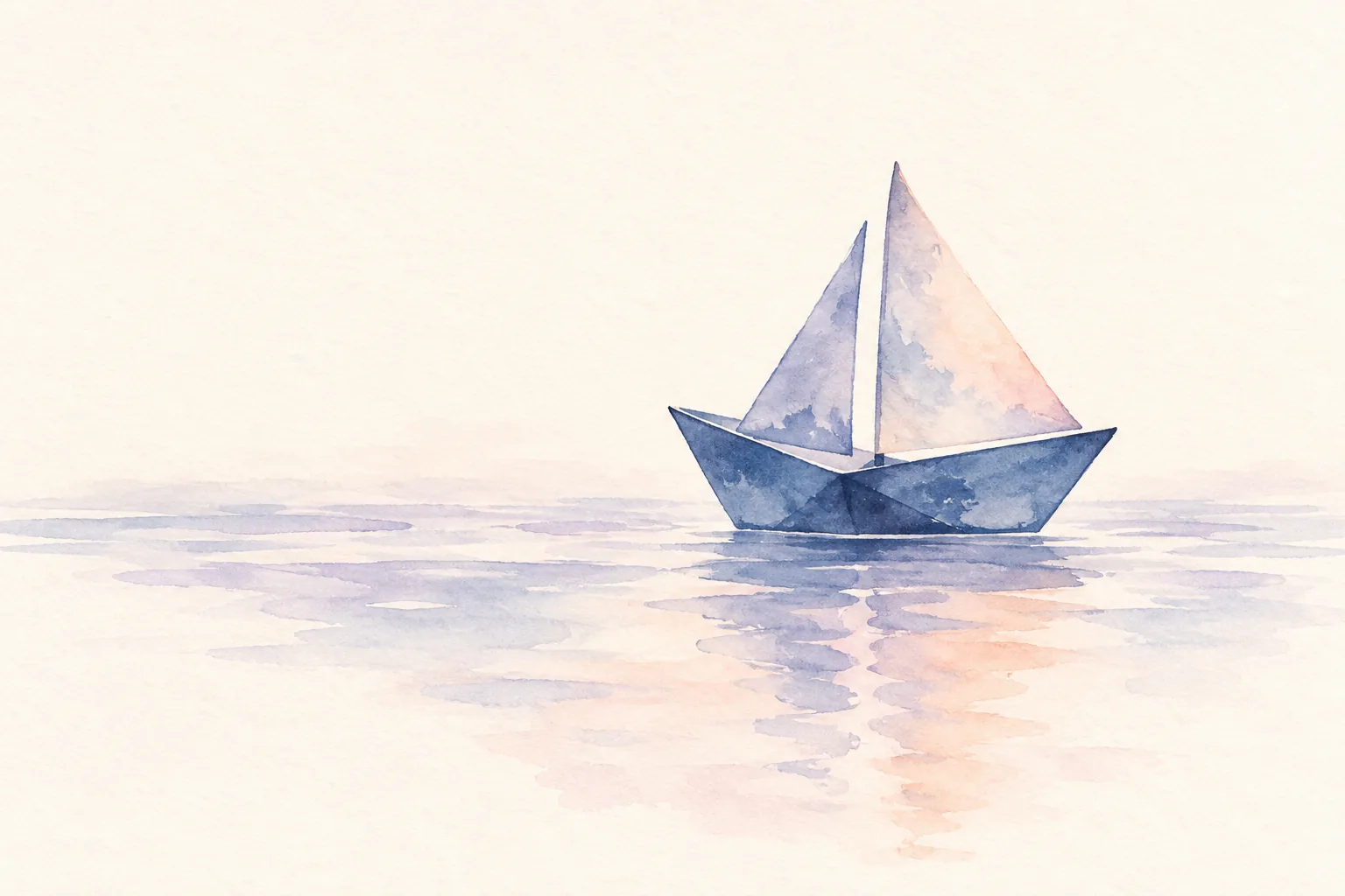 Aquarell: ein kleines Papierboot treibt allein auf ruhigem, hellem Wasser.