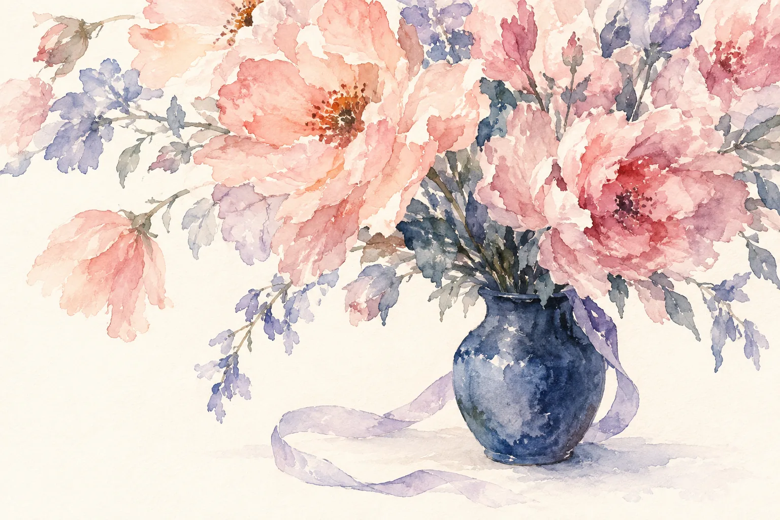 Aquarell: ein überquellender Strauß rosafarbener Blüten in einer blauen Vase, viel mehr Blumen, als die Vase halten kann.