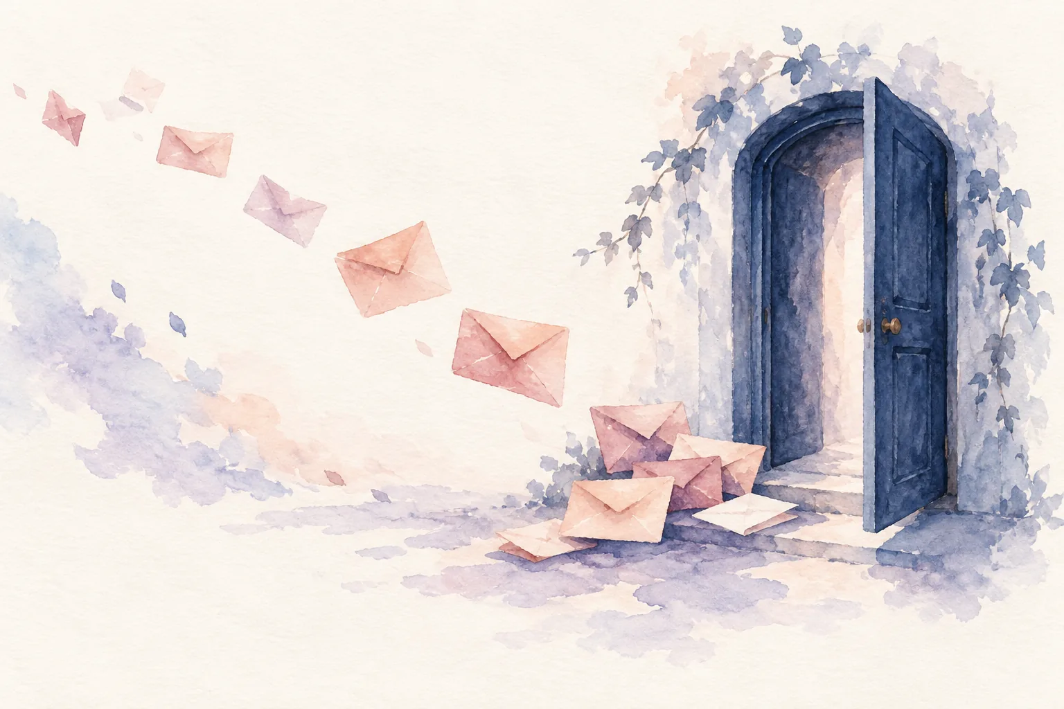 Aquarell: Briefumschläge fliegen in dichter Folge auf eine offene Tür zu.