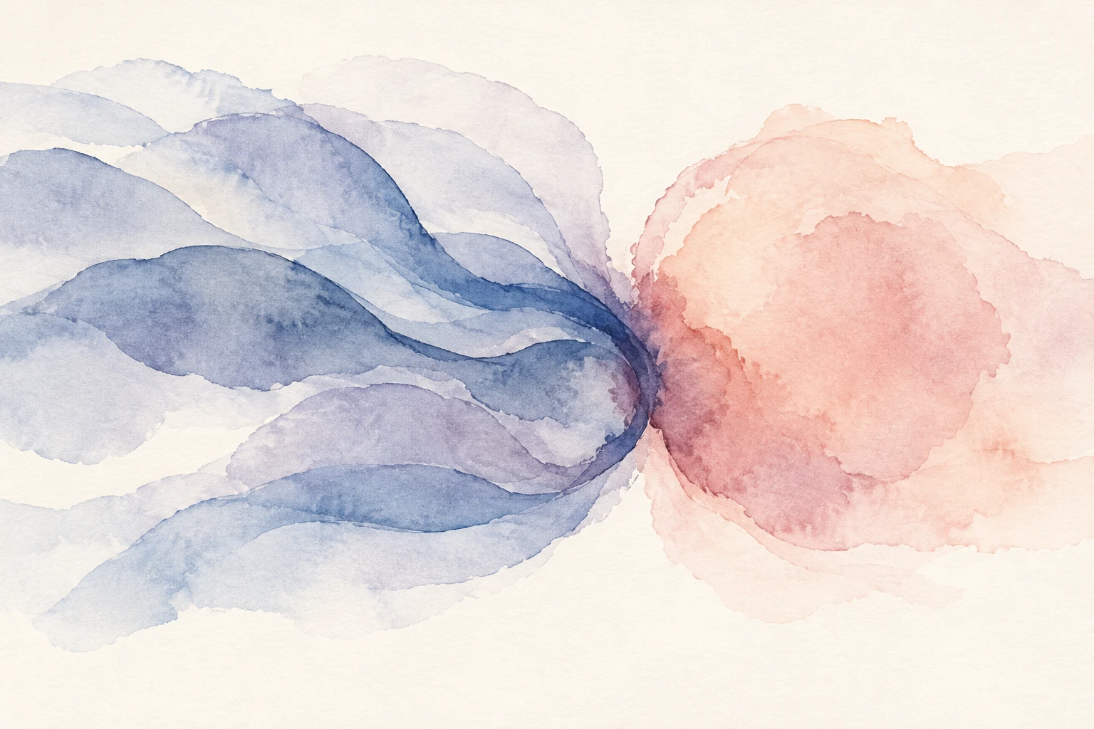 Mehrere blaue Aquarellverläufe ziehen dicht zu einer roséfarbenen Fläche hin.